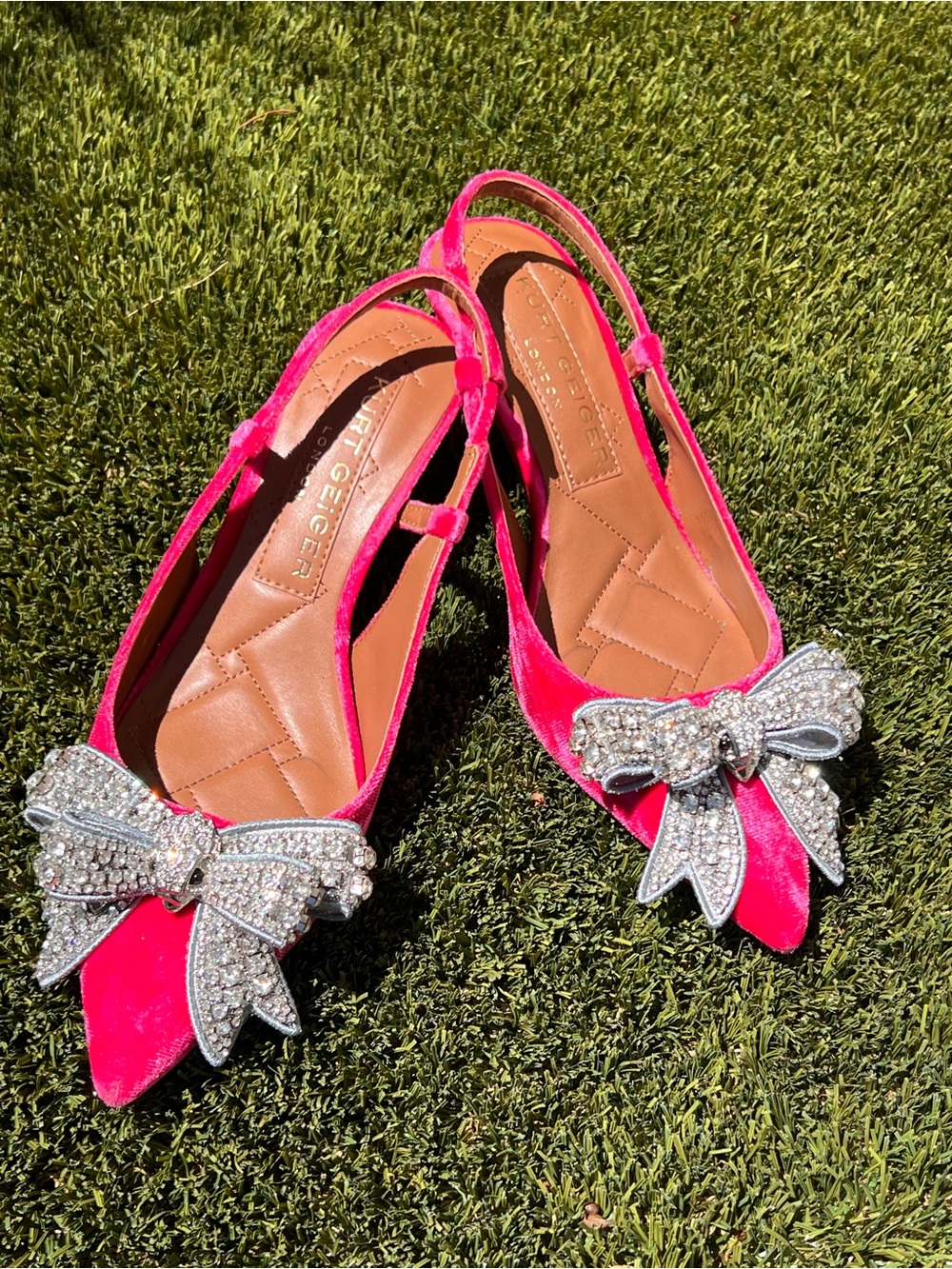 Kurt Geiger Hot Pink Velvet Slingback Flats with Crystal Bow